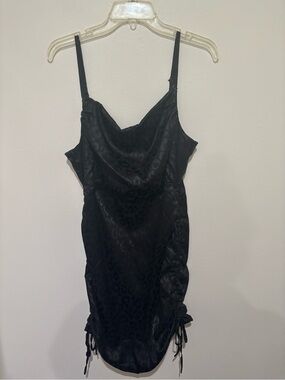 Black Satin Leopard-Print Cowl Neck Slip Dress